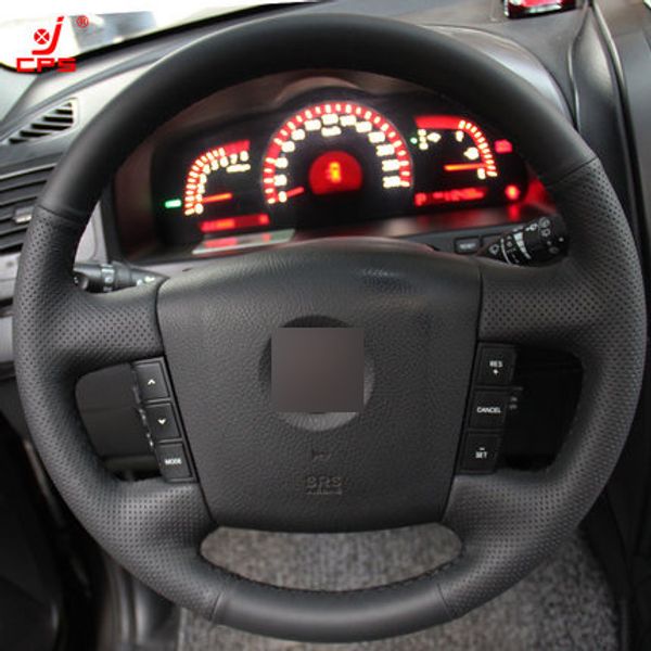 

black leather hand-stitched car steering wheel cover for kia borrego 2008-2015