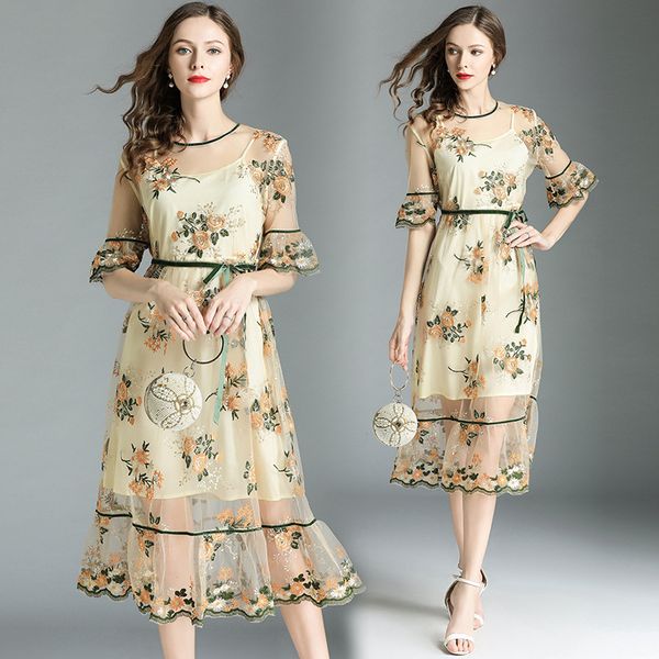 2019 Girls Evening Prom Dresses Elegant Party Dress Women Sundress Short Sleeve Net Yarn Patchwork Loose Casual Summer Dress From Sinofashion, $47.54
