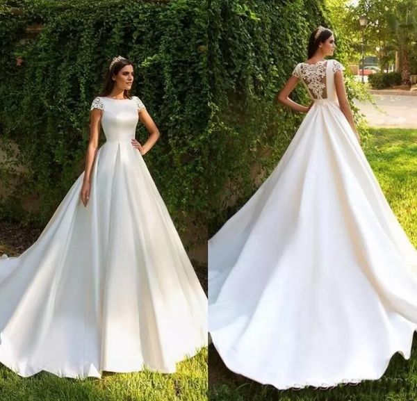 

simple elegant capped sleeves a line satin wedding dresses 2018 gorgeous lace back custom made wedding bridal gowns vestido de noiva, White