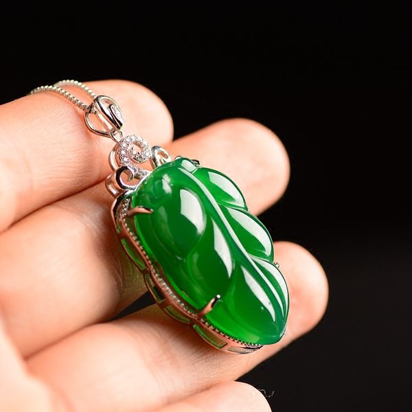 

certificate natural medullary jade medullary necklace pendant carved leaf 925 silver women men jewelry gift with box
