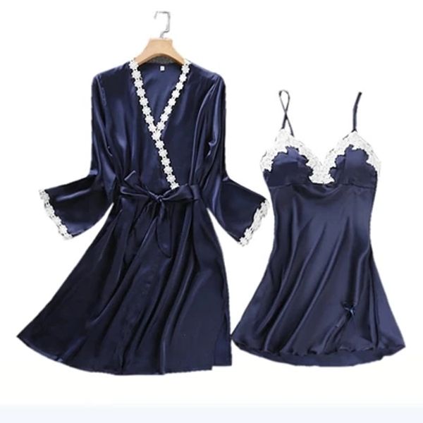 

embroidery robe gown set femme satin sleepwear home suit night skirts bathrobe 2 pcs suspender sleepwear 1701 high quality, Black;red