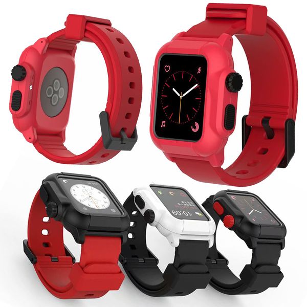 

luxury ip68 waterproof silicone strap band 42 /38mm iwatch sport swimming band with protective case series 3 2, Black;brown