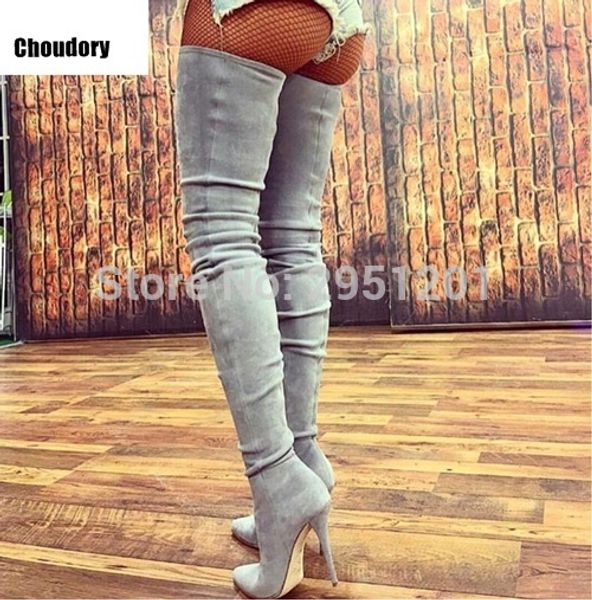 

2018 women's thigh high boots black grey beige elastic thin high heels over the knee boots pointed stretch long