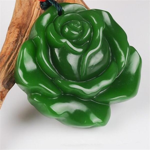 Novo Natural Jade China Verde Branco Jade Pingente Colar Amuleto Lucky Roses Flores Estátua Coleção Verão Ornamentos