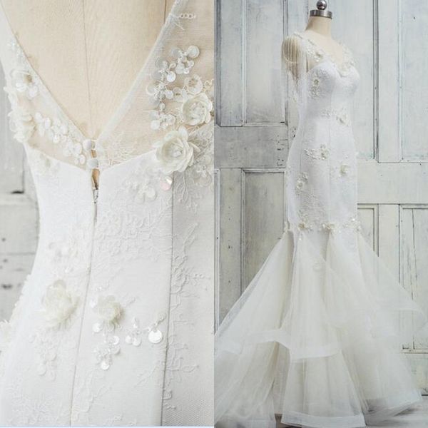 

2019 stunning mermaid wedding dresses v neck 3d floral appliques lace ruffles open back bridal gowns with exquisite beading embellishment, White