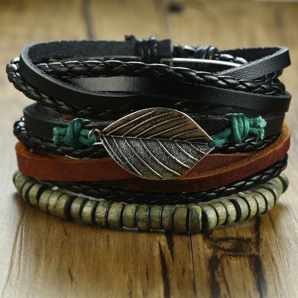 

1 set mens leather vintage multilayer alloy leaf punk bracelet with wood beads adjustable wristband for men jewelry, Golden;silver