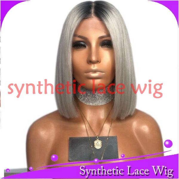 

mhazel черный ombre серый синтетический парик фронта шнурка короткие темные корни боб прямой синтетический парик шнурка, Black