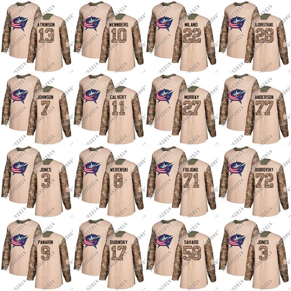 

2018 Camo Veteran Day Columbus Blue Jackets Nick Foligno Sergei Bobrovsky Brandon Dubinsky Zachary Werenski Jones Johnson Hockey Jerseys