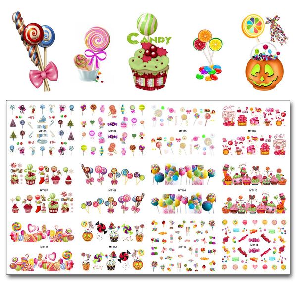 

nail 12 sheets/lot mt103-114 colorful candy christmas candy cake nail art water decal sticker for art tattoo decoration, Black