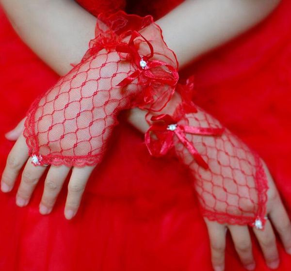 

luxury short lace wedding appliques bridal gloves beads fingerless wrist length with ribbon bridal gloves wedding accessories, White