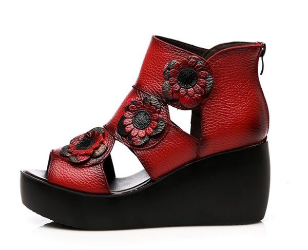 

ethnic style women genuine leather high heel platform sandals lady wedges sandals nice summer shoes 1nx19, Black