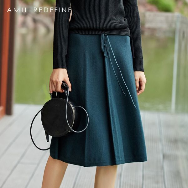 

amii redefine knitted a-line skirt autumn women 2018 casual solid sashes plus size lace up high waist elegant knee-length skirts, Black