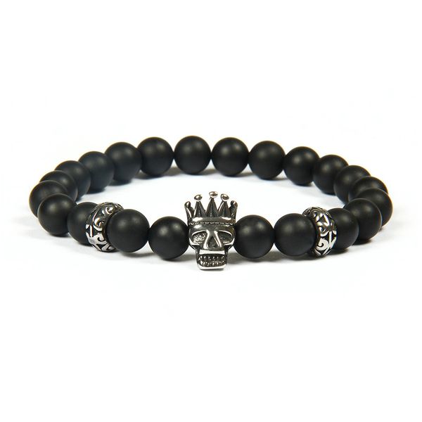 Venda quente de Prata Titanium Aço Crown Crânio Pulseira Atacado 10 pçs / lote Cor Mantendo Frisado Pulseiras Com 8mm Natural Black Stone Beads