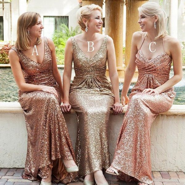 

Rose Gold Bridesmaid Dresses 2020 Sequins V Neck Sleeveless A Line Long Maid Honor Special Occasion Dresses For Wedding Custom Made