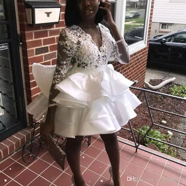 

lovely fashion short homecoming dress v neck lace applique long sleeve tiered knee length cocktail dress charming mini party gown, Blue;pink