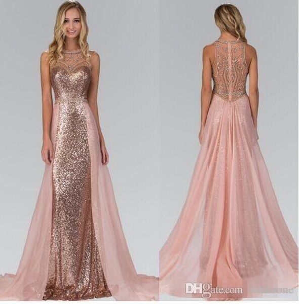 

2019 chic rose gold sequined bridesmaid dresses with overskirt train illusion back formal maid of honor wedding guest party evening gowns, White;pink