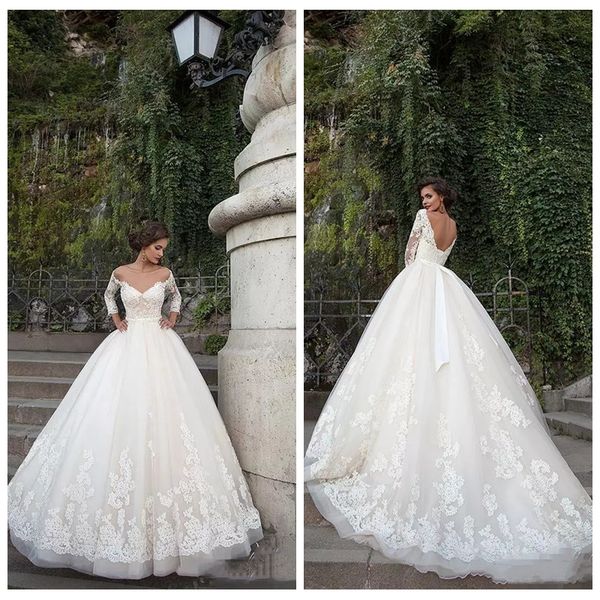 

2019 sheer a-line wedding dresses 3/4 long sleeve ribbon beads chapel train church custom lace applique bridal gowns garden vestidos, White