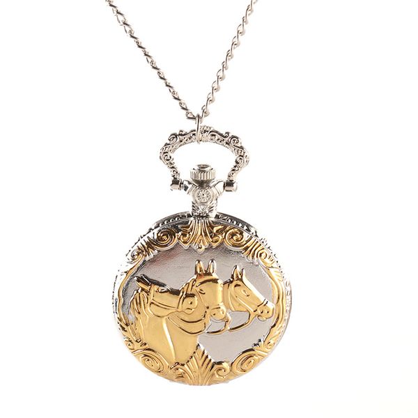 

antique silver & golden carved horse steampunk quartz pocket watch men women necklace pendant with chain male clock gift, Slivery;golden