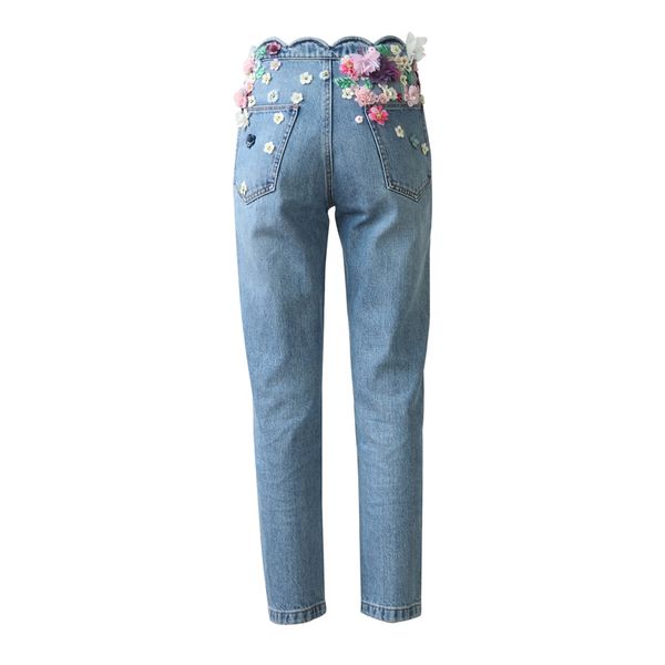 

2018 women's fashion sweet handmade embroidery beaded flower jeans, Blue