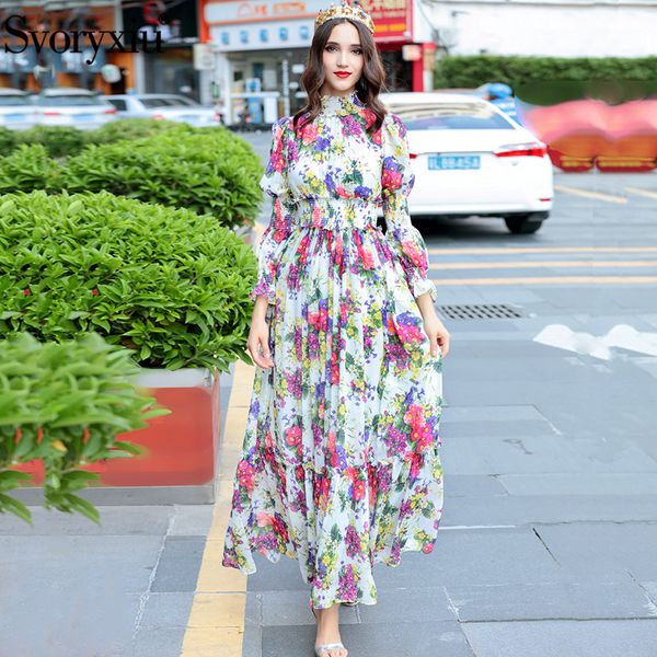 

svoryxiu women's summer beach chiffon maxi dress elegant elasticity waist floral print runway maxi long dress, White;black