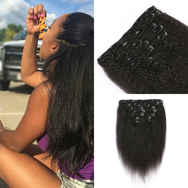 

peruvian 7pcs/set kinky straight 8-24inch clip in human hair natural black for black women in stock wholesale g-easy, Black;brown