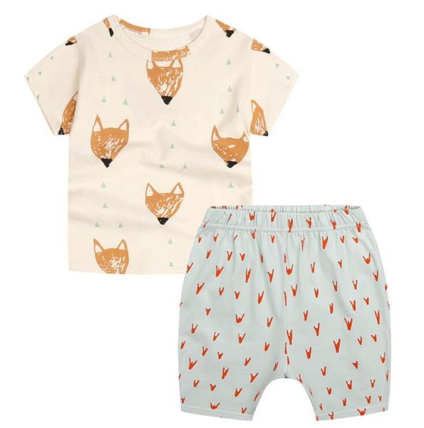 

summer boys ins fox sets 2018 new children cartoon pure cotton short sleeve t-shirt +shorts 2 pcs suit baby clothes, White