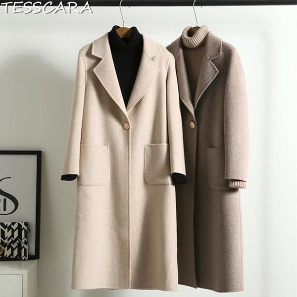 

tesscara women autumn winter casual cashmere jacket coat female wool blend trench overcoat camel hair jackets outerwear & coats, Black