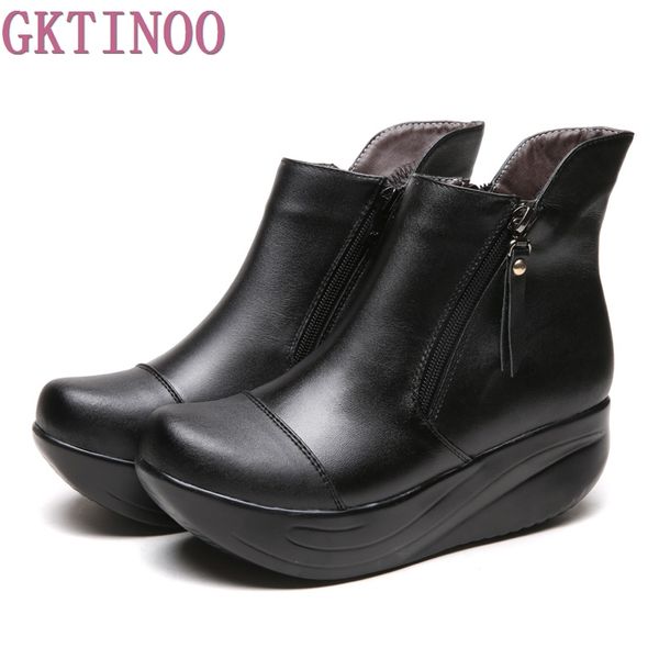 

new women snow boots platform genuine leather winter women's shoes lace up fur boots black warm ankle plus size 34-43