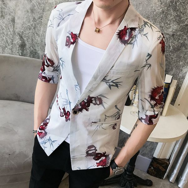 

loldeal seven sleeves lace half sleeve floral print blazer masculino slim fit thin suit jacket men prom blazers for, White;black
