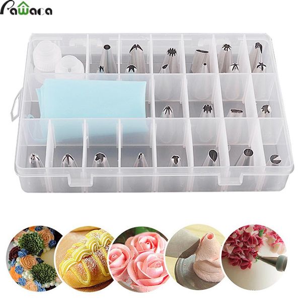 

pawaca 27pcs/set dessert decorator silicone icing piping cream pastry bag + 24 stainless steel nozzle set diy cake decor tips