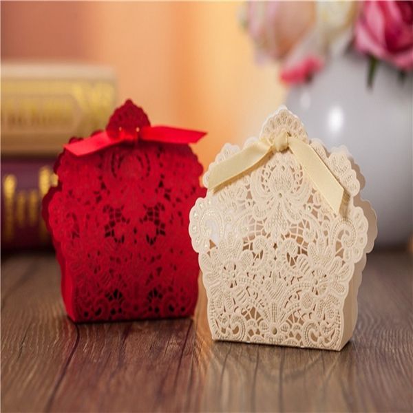 

embossed lace laser cut wedding favor boxes hollow flower wedding candy box with ribbon casamento wedding favors