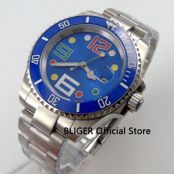 

classic bliger 40mm blue sterile dial ceramic bezel bracelet buckle sapphire crystal miyota automatic movement men's watch b86, Slivery;brown
