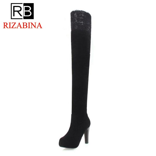 

rizabina size 34-43 women boots thigh high winter warm fur shoes woman high heel boots ruffles embroidery flower shoes, Black
