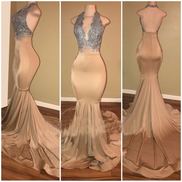 

Modest Prom Dresses Long Halter Neck Backless Silver Appliques Mermaid Party Dresses Sexy V Neck Evening Gowns