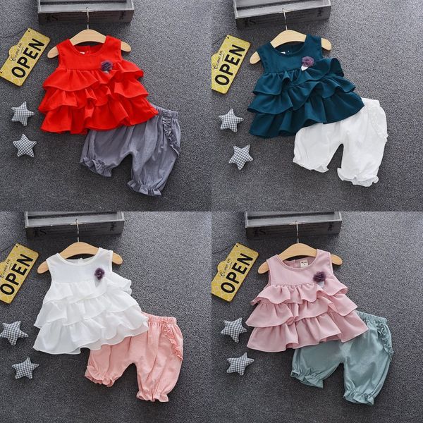 

summer baby girls multi-layer sleeveless vest cake t shirts+ bloomers shorts 2pcs/set girl sweet princess suit, White