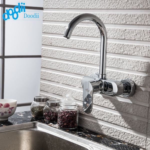 

doodii высокое качество настенные двойные отверстия кухня кран одной ручкой хром кухня смеситель краны двойные отверстия кран