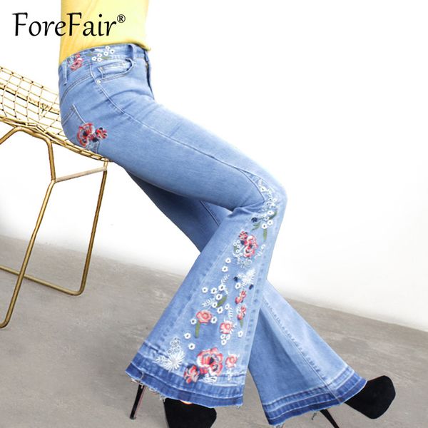 

forefair fashion 3d embroidered floral jeans s-3xl plus size women flare denim pants female vintage stretchy elastic jeans blue