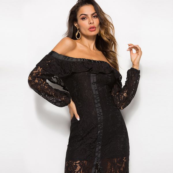 

lace, shoulders, long sleeves, hollowed out lotus leaves, fashion dress, dress t22385, Black;gray