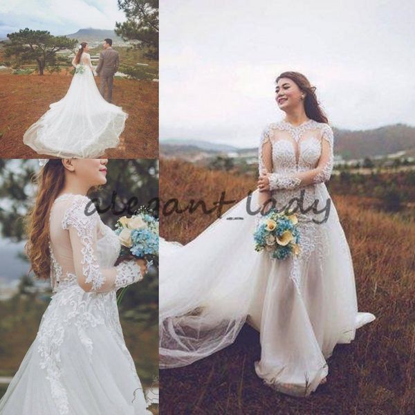 

mermaid country wedding dresses with long sleeve 2018 modest lace applique overskirt fairy outdoor garden farm bridal wedding gown plus size, White