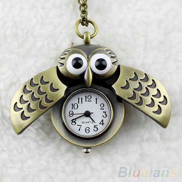 

new vintage bronze retro slide smart owl pendant long chain necklace pocket watch, Slivery;golden