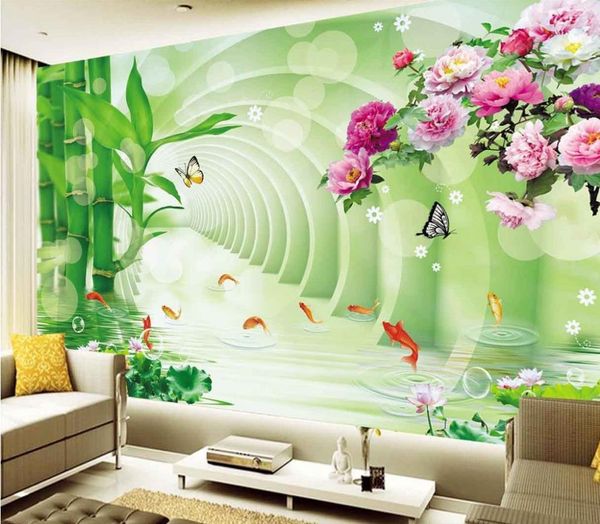

custom 3d mural wallpaper 3d stereo space bamboo lotus flower peony fish tv setting