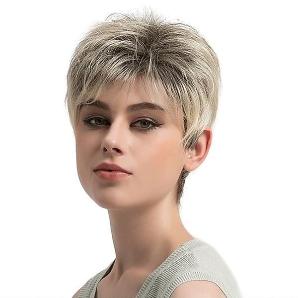 

short synthetic ombre beige bob wig straight hair side bang wigs chemical headgear dyed partial short fiber wig, Black