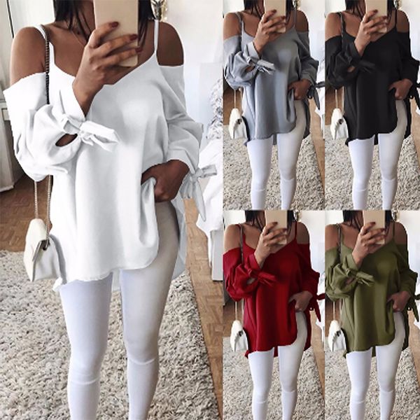 

long sleeve v-neck sling shirts women chiffon blouse casual bowknot plus size off shoulder femininas, White