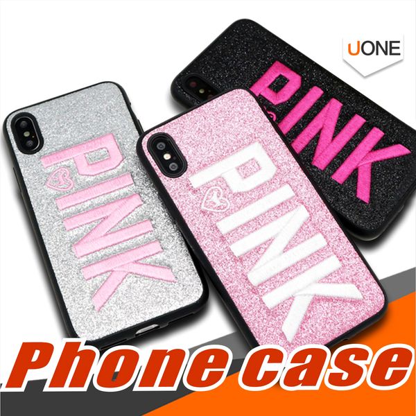 

Love Pink Phone Case Fashion Design Glitter 3D Hot Embroidery PINK Cover Cases For Iphone X 8 7 6 Plus Samsung S9 S9Plus