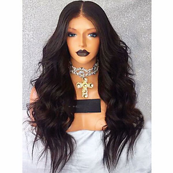 High Quality 180 Density Long Wavy Black Wig Middle Part Heat