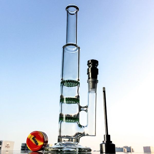 10.6 İnç Dab Donanımları Düz ​​Tüp Bong Nargile Üçlü Perc Petrol Kulesi Cam Su Boruları Mavi Şeffaf Yeşil Bong 10xx-4