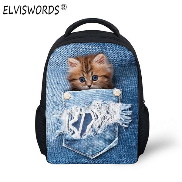 

elviswords new primary satchel school bags for girl denim cat schoolbag children kindergarten bookbags kawaii animals backpack