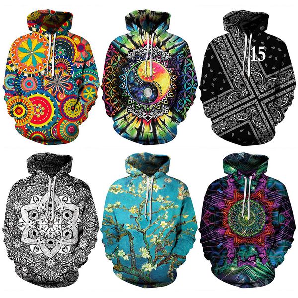 

2018 осень 367 красочные мандала цветок цветочные принты женщины куртка с капюшоном femme толстовка повседневная свободные мужчины карман то, Black