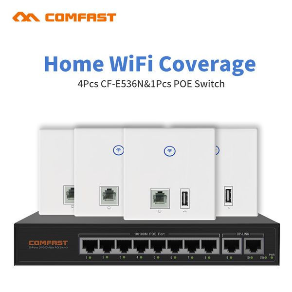 

dhl home l wifi cover solution 4pcs rj45 wan/lan usb wall ap + 1 8 port poe switch access point networking solution