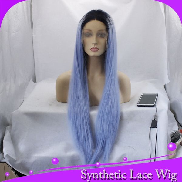 

mhazel short dark roots black ombre blue long straight middle part synthetic glueless front lace wig